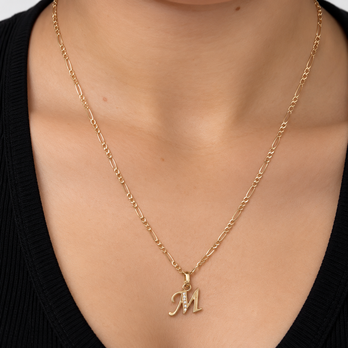 Figaro Chain with M Initial Pendant / 2.73 gr / 45 cm / 2 mm / 18K Italian Gold