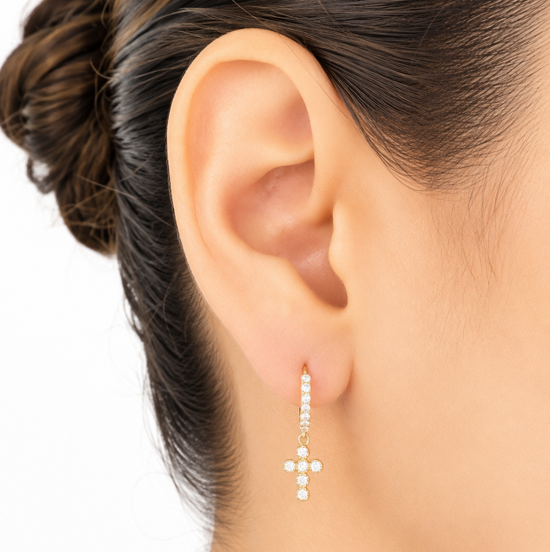 Hoop Earrings With Cubic Zirconia and Cross / 1.6 gr / 1.5 cm / 18k Italian Gold