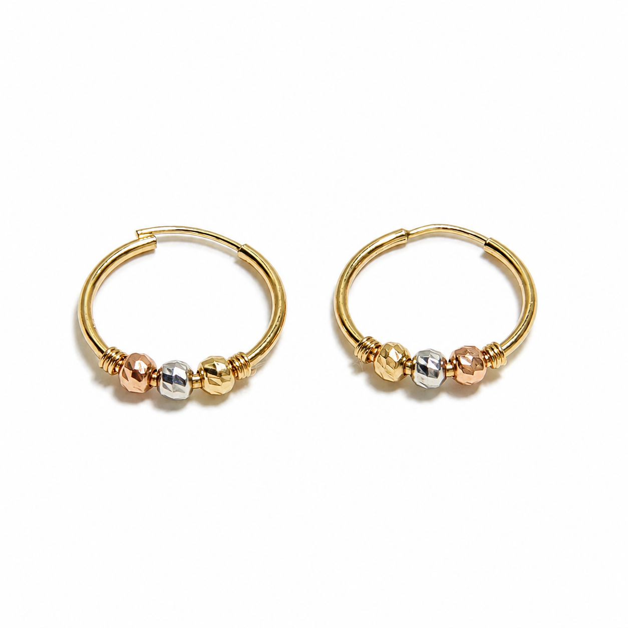 Tri-Color Gold Bead Earrings / 1.30 gr / 2 cm / 18k Italian Gold