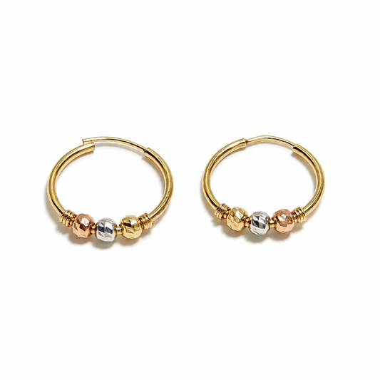 Tri-Color Gold Bead Earrings / 1.30 gr / 2 cm / 18k Italian Gold