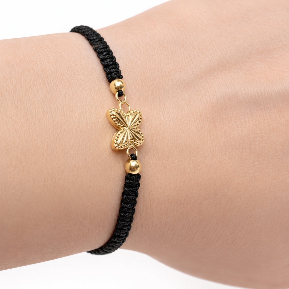 Macrame Bracelet with Gold Beads and Butterfly Charm