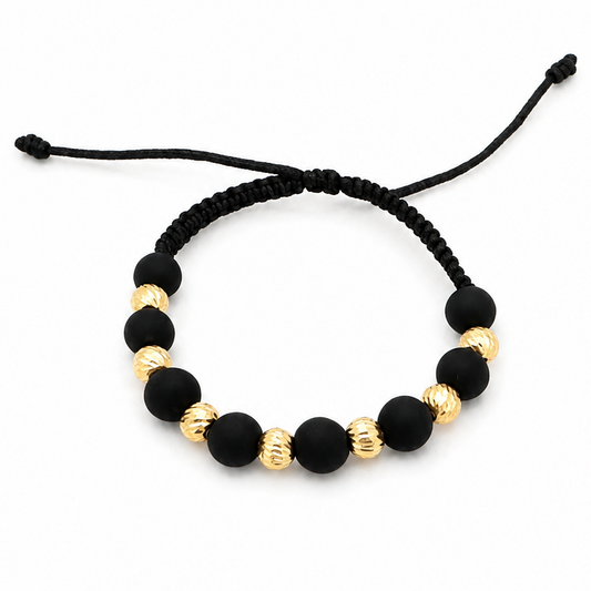 Black Macramé Bracelet with Diamond-Cut Gold Beads