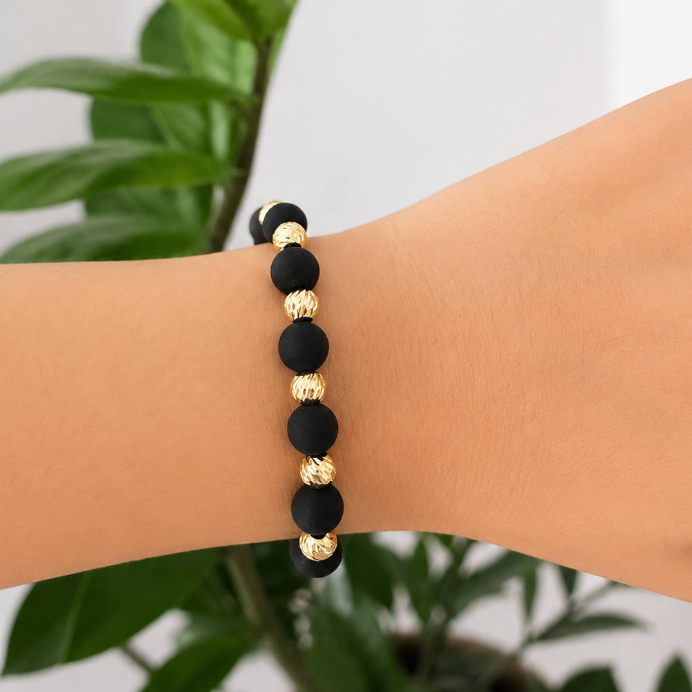 Black Macramé Bracelet with Diamond-Cut Gold Beads