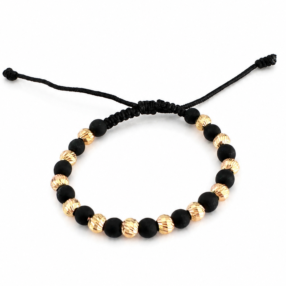 Black Macramé Bracelet with Matte and Diamond-Cut 18K Gold Beads