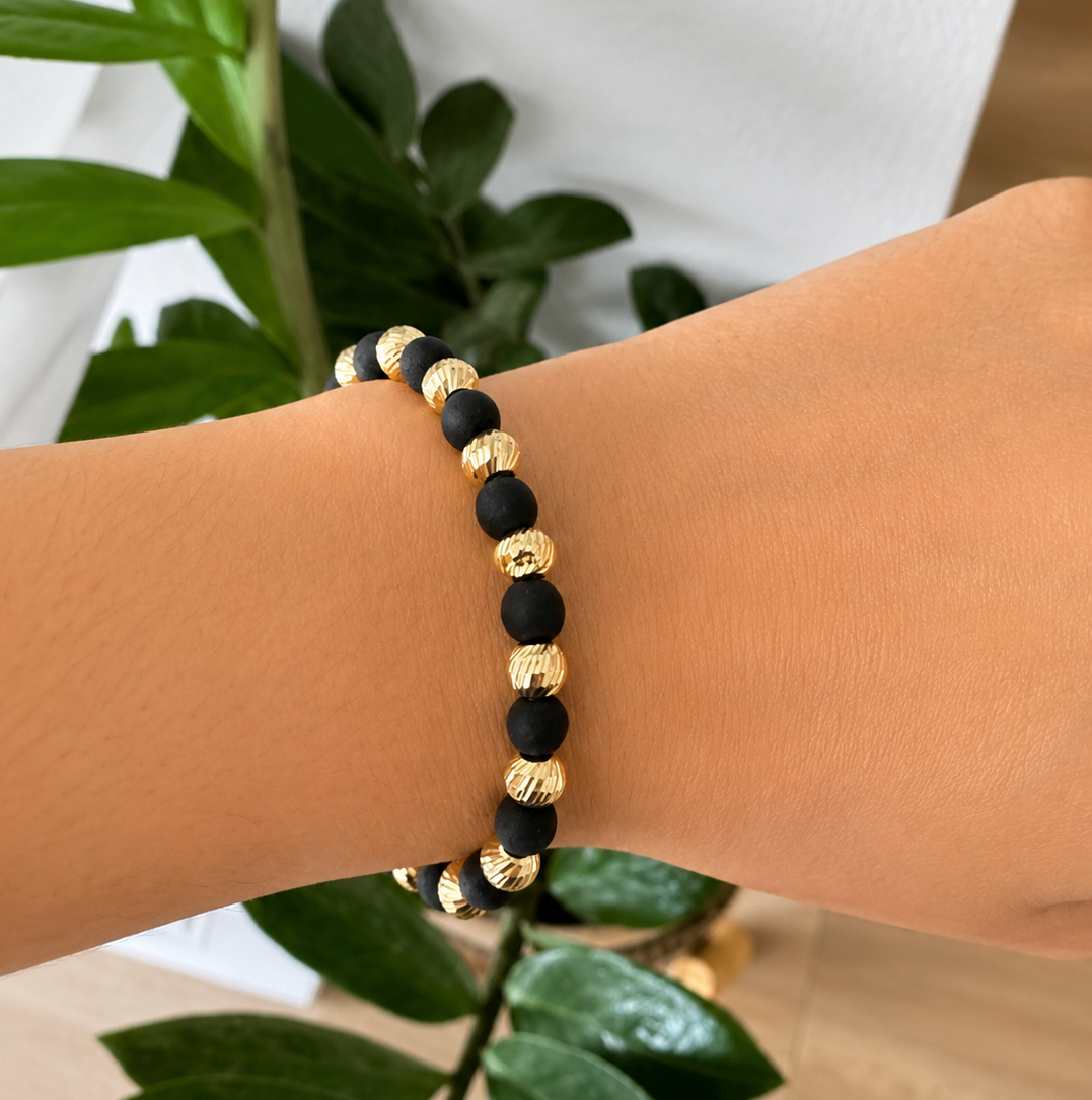 Black Macramé Bracelet with Matte and Diamond-Cut 18K Gold Beads