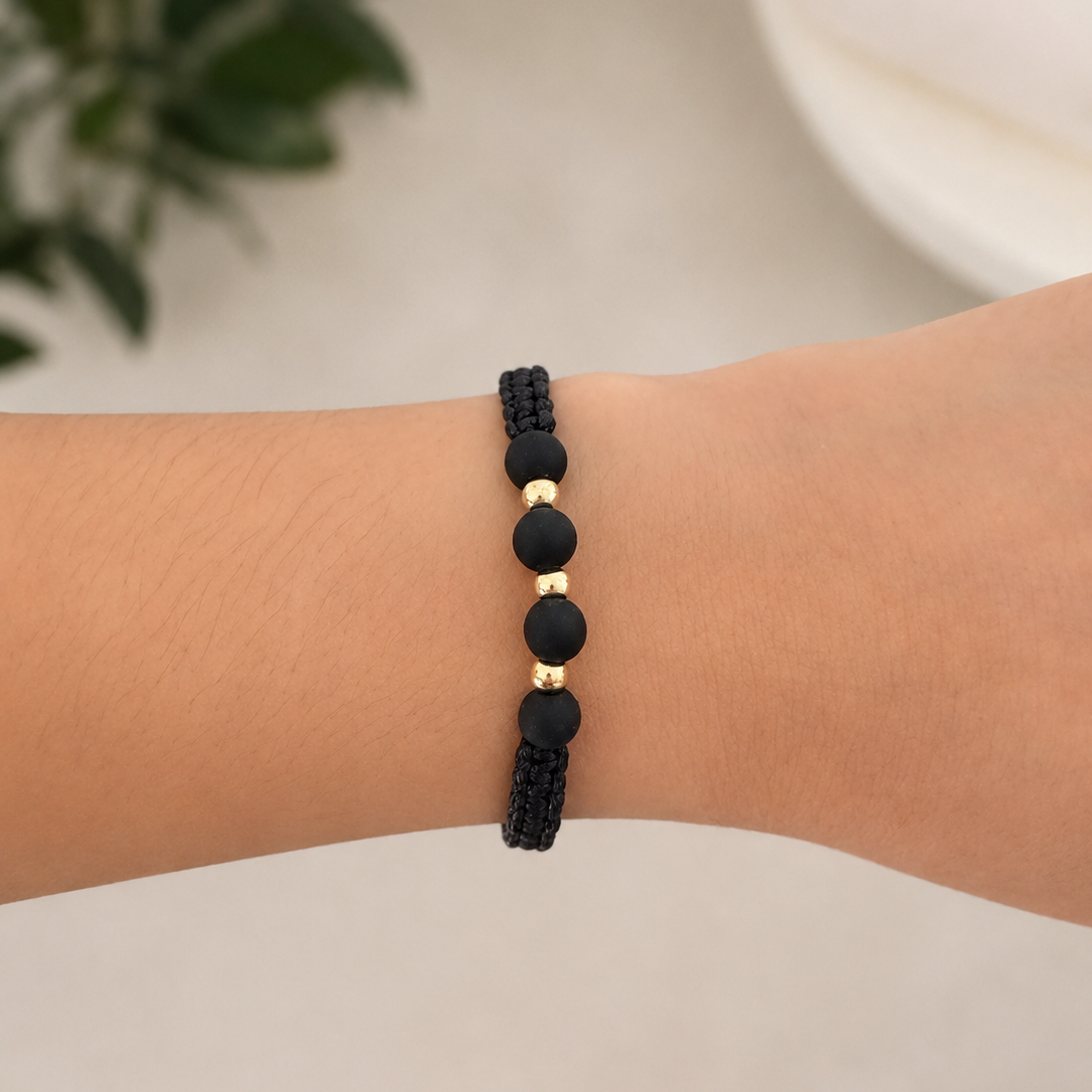 Black Macramé Bracelet with Smooth Gold Beads