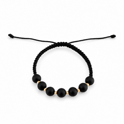 Black Macramé Bracelet with Matte Black and 18K Gold Beads