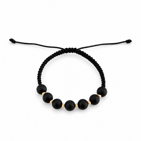 Black Macramé Bracelet with Matte Black and 18K Gold Beads