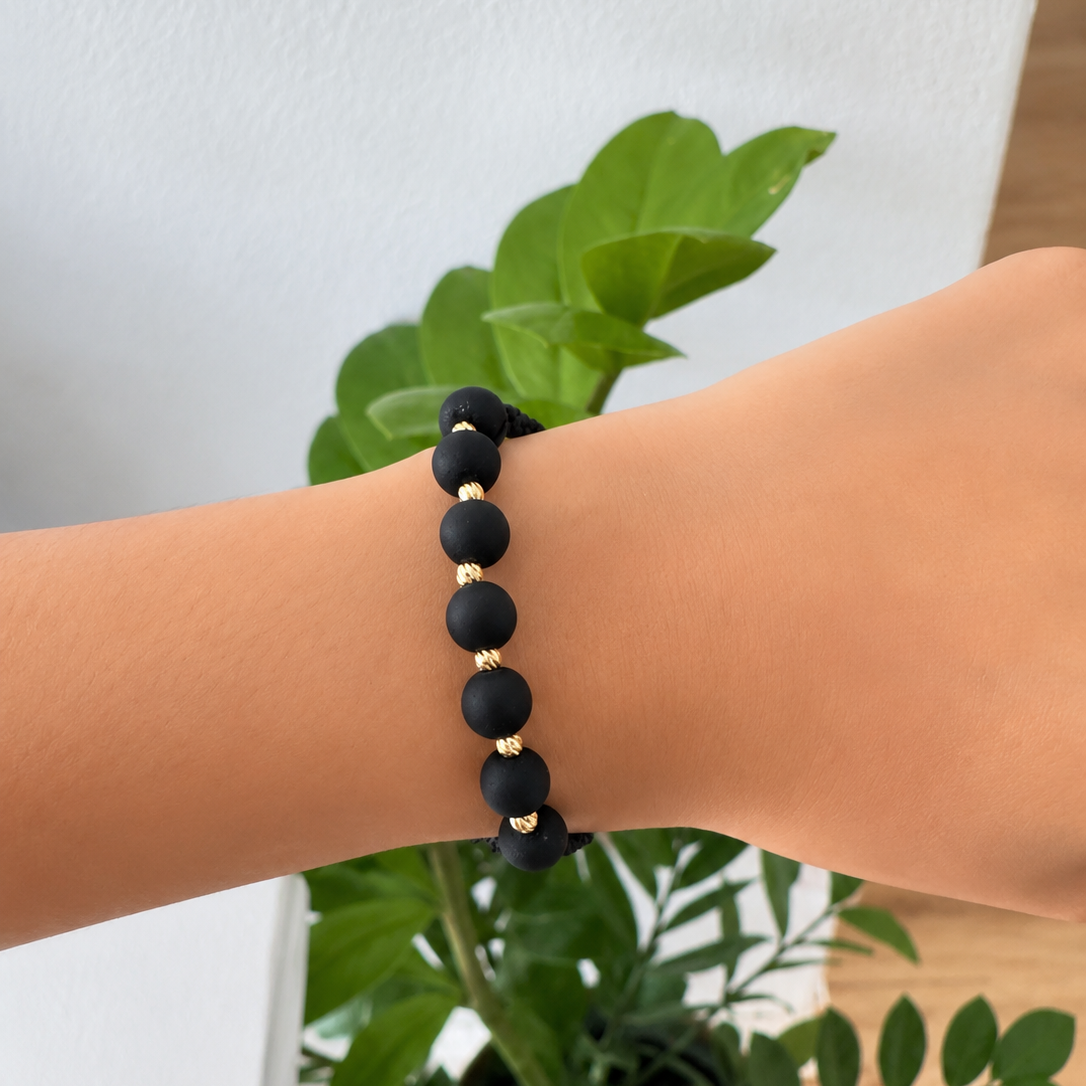 Black Macramé Bracelet with Matte Black and 18K Gold Beads