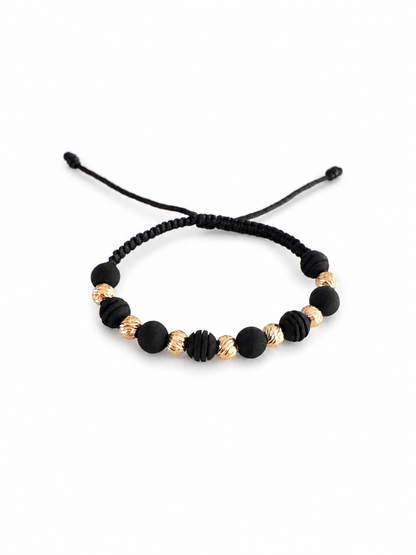 Black Macramé Bracelet with Textured and Matte 18K Gold Beads