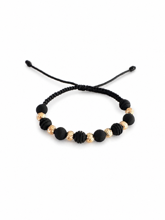 Black Macramé Bracelet with Textured and Matte 18K Gold Beads