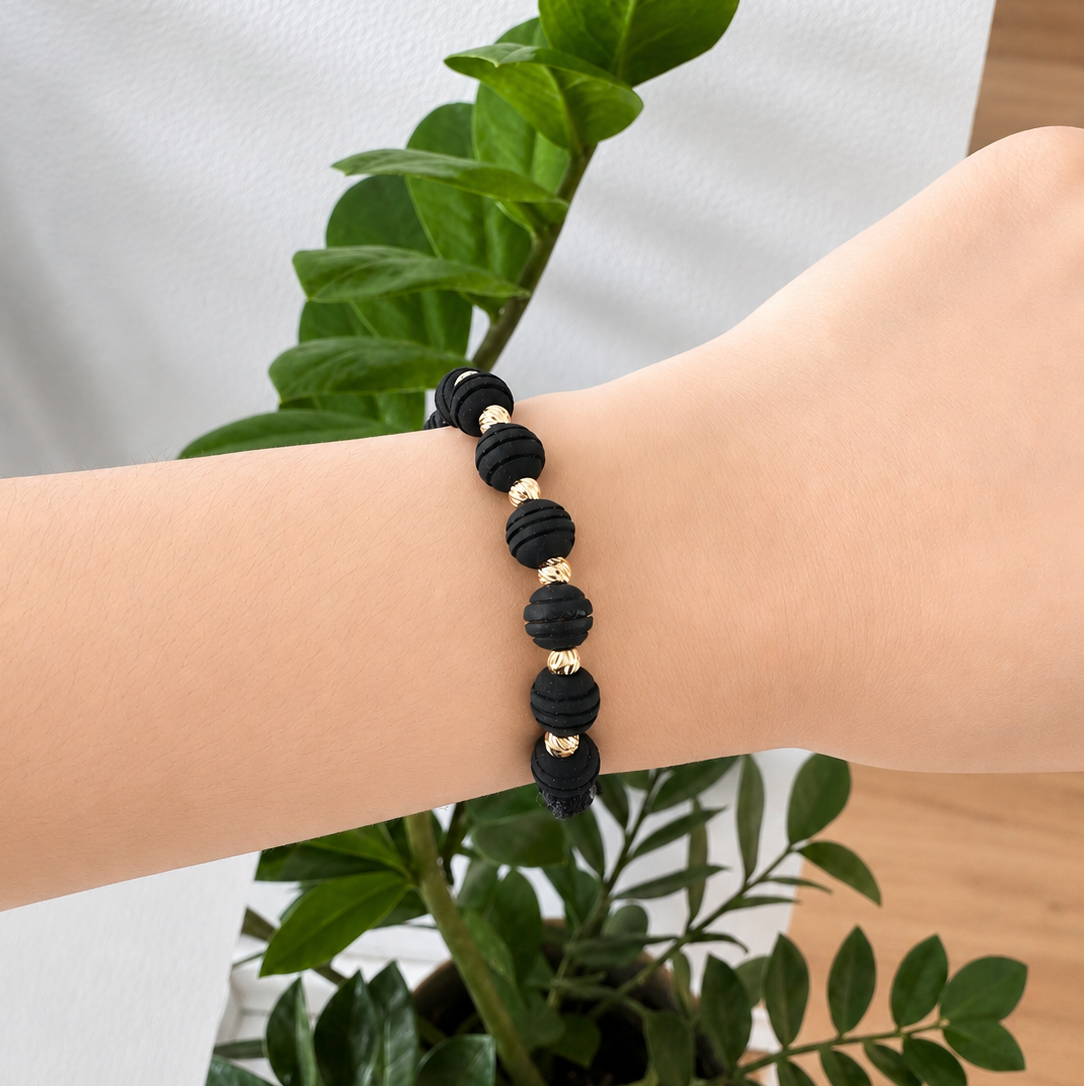 Black Macramé Bracelet with Textured Matte 18K Gold Beads