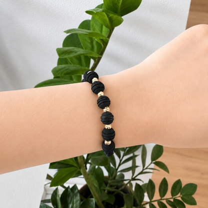 Black Macramé Bracelet with Textured Matte 18K Gold Beads