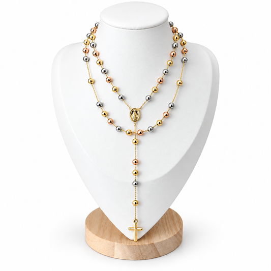 Three-Tone Gold Rosary / 9.55 g/ 60 cm/ 5 mm/ 18K Italian Gold