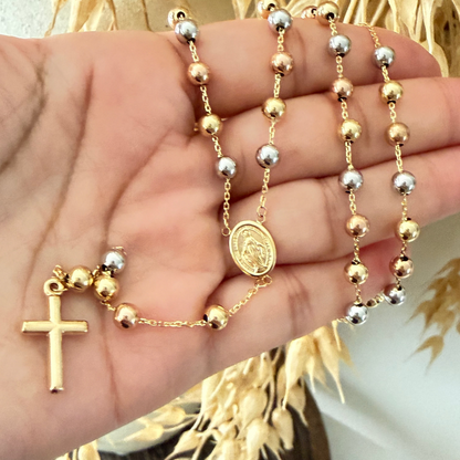 Three-Tone Gold Rosary / 9.55 g/ 60 cm/ 5 mm/ 18K Italian Gold