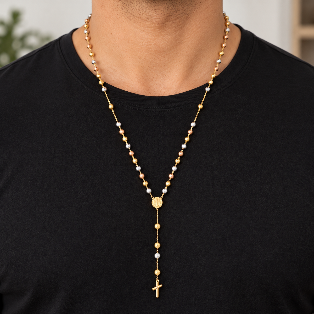 Three-Tone Gold Rosary / 9.55 g/ 60 cm/ 5 mm/ 18K Italian Gold