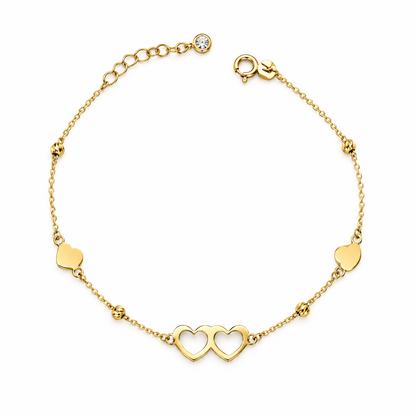 Adjustable Twin Heart Bracelet / 1.3 gr / 19 cm / 1 mm / 18K Italian Gold