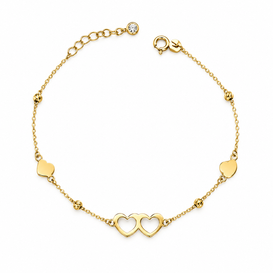 Adjustable Twin Heart Bracelet / 1.3 gr / 19 cm / 1 mm / 18K Italian Gold