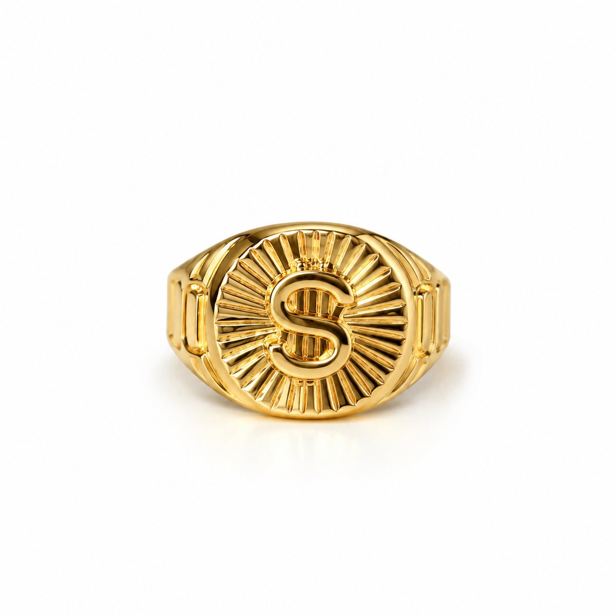 Sunburst Initial S Signet Ring / 6.14 gr / Size 12 / 6 mm / 18K Gold