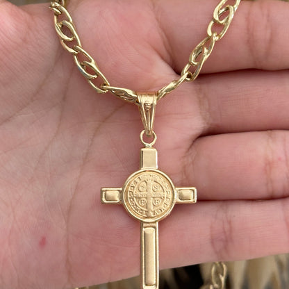 Tiger Eye Link Chain with Saint Benedict Cross Pendant / 15.98 gr / 60 cm / 5 mm / 18K Italian Gold