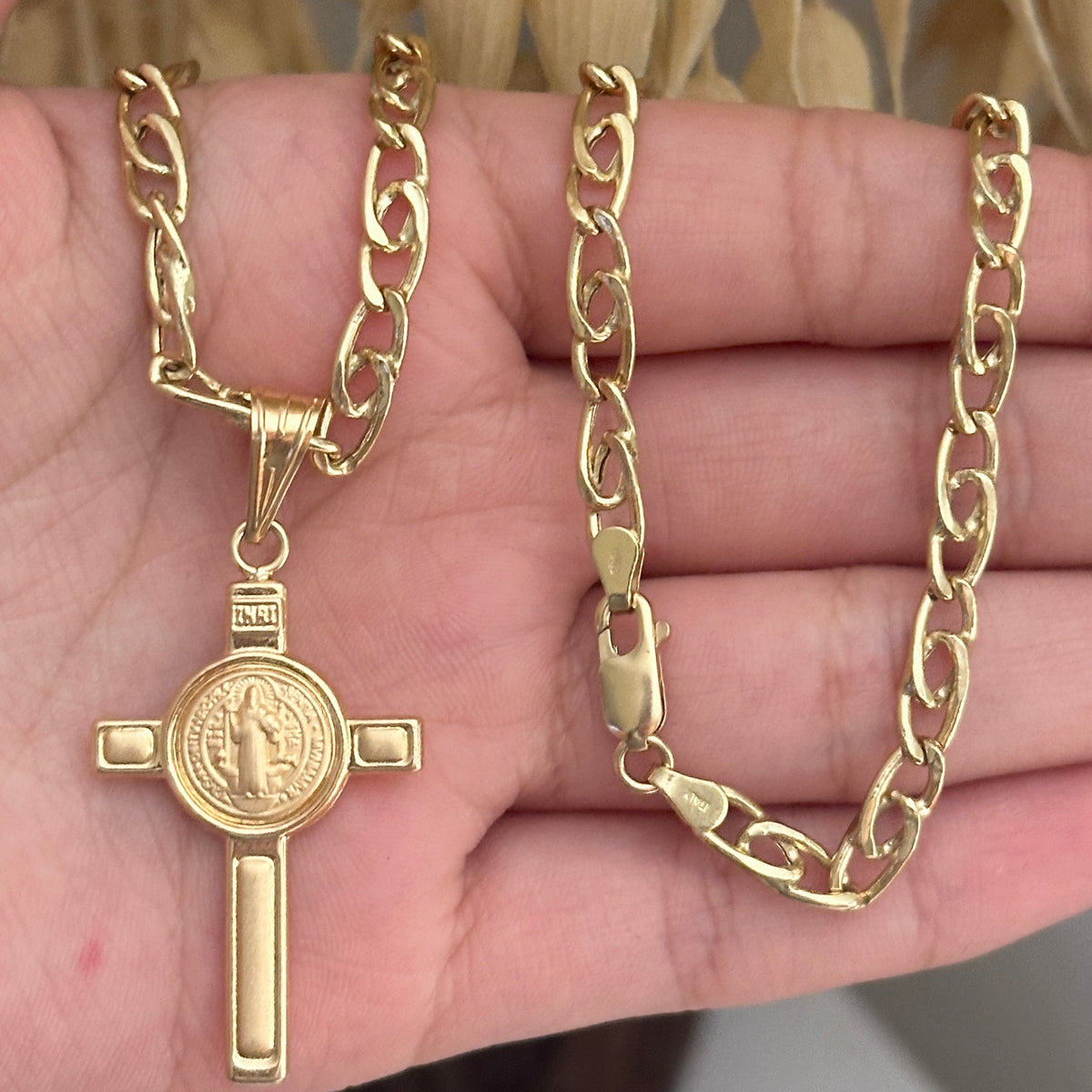 Tiger Eye Link Chain with Saint Benedict Cross Pendant / 15.98 gr / 60 cm / 5 mm / 18K Italian Gold