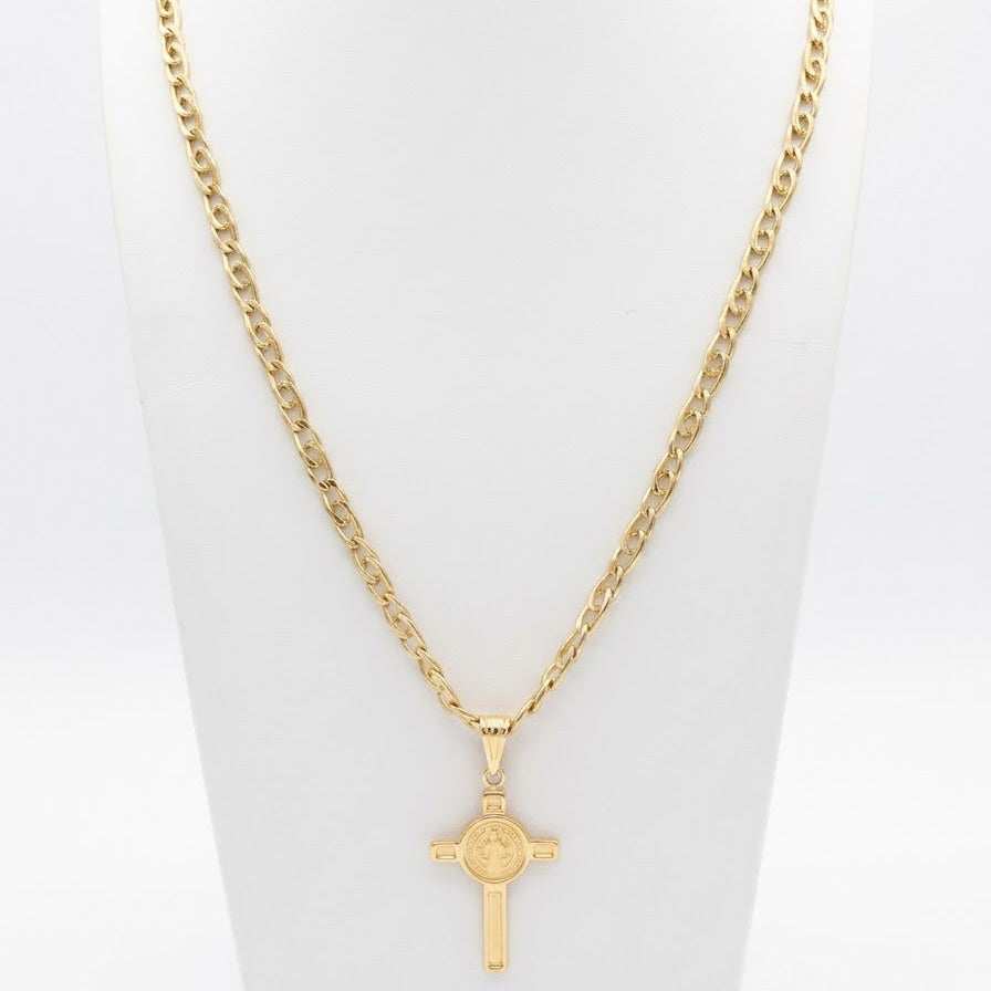 Tiger Eye Link Chain with Saint Benedict Cross Pendant / 15.98 gr / 60 cm / 5 mm / 18K Italian Gold