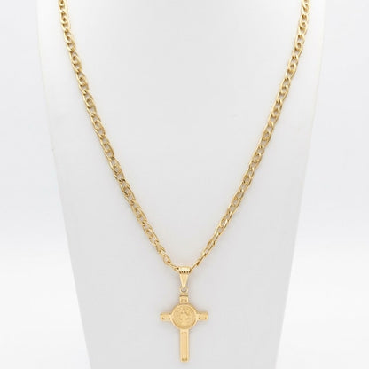 Tiger Eye Link Chain with Saint Benedict Cross Pendant / 15.98 gr / 60 cm / 5 mm / 18K Italian Gold