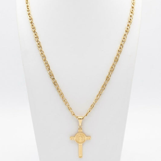Tiger Eye Link Chain with Saint Benedict Cross Pendant / 15.98 gr / 60 cm / 5 mm / 18K Italian Gold
