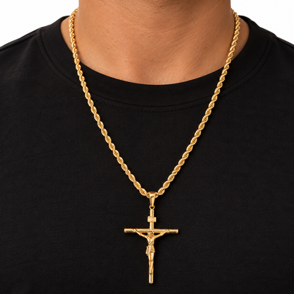 Rope Chain With Cross Pendant/ 14.02g/ 60cm/ 4mm/ 18K Italian Gold