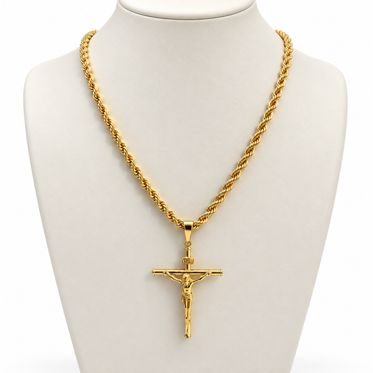 Rope Chain With Cross Pendant/ 14.02g/ 60cm/ 4mm/ 18K Italian Gold