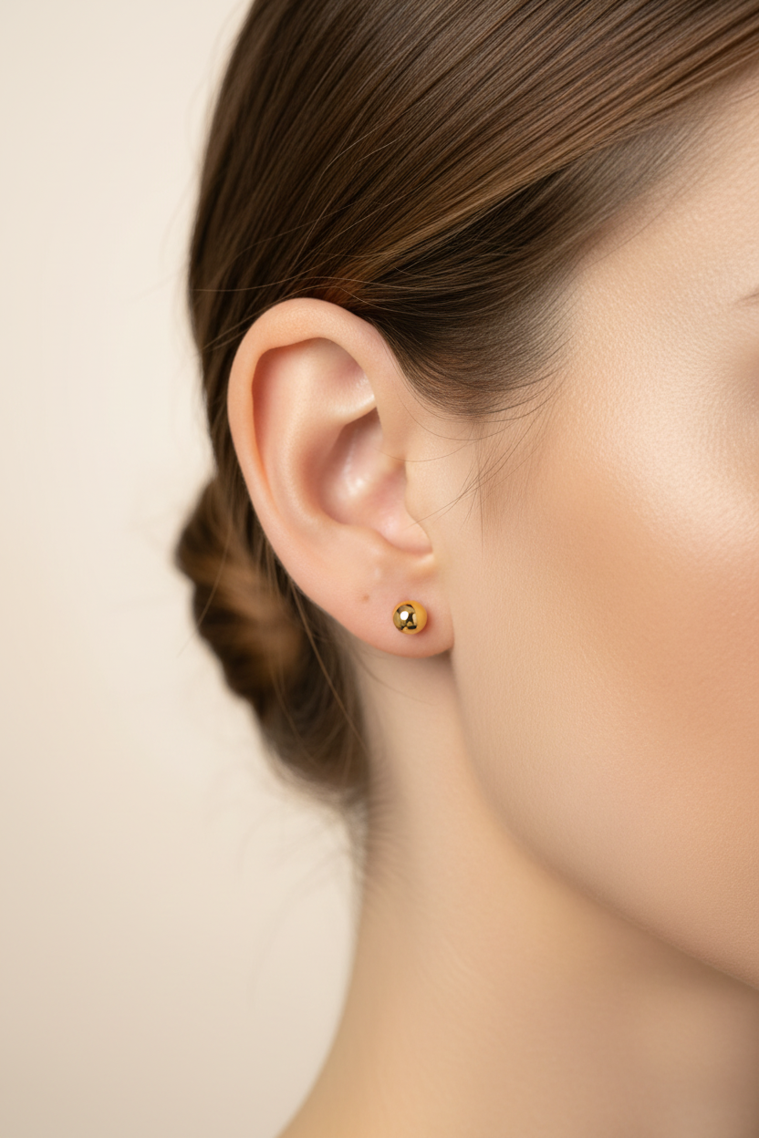 Modelo usando arete BALL STUD SIZE 6 - fotografía profesional