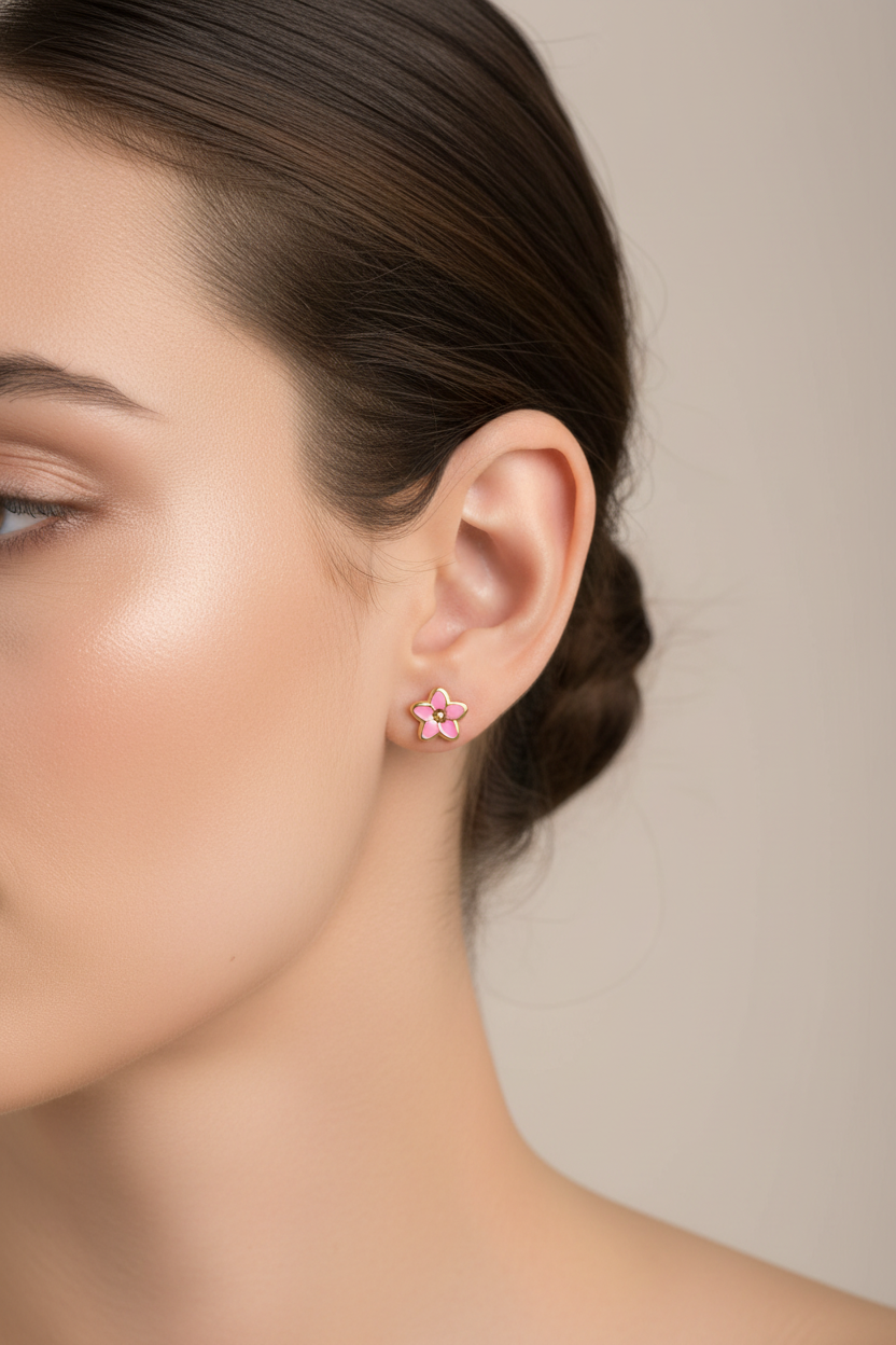 Modelo usando arete FLOWER PINK - fotografía profesional