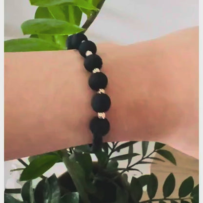 Black Macramé Bracelet with Matte Black and 18K Gold Beads