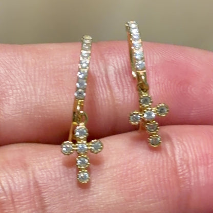 Hoop Earrings With Cubic Zirconia and Cross / 1.6 gr / 1.5 cm / 18k Italian Gold