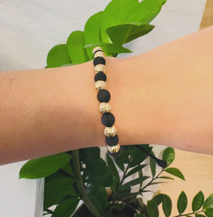 Black Macramé Bracelet with Matte and Diamond-Cut 18K Gold Beads
