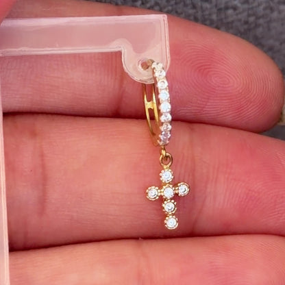 Hoop Earrings With Cubic Zirconia and Cross / 1.6 gr / 1.5 cm / 18K Italian Gold