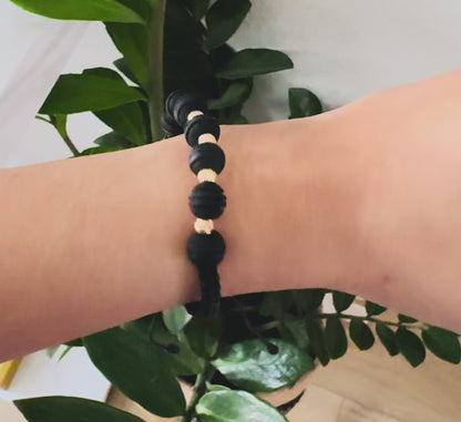 Black Macramé Bracelet with Textured Matte 18K Gold Beads