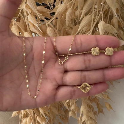 Diamond-Cut Clover Necklace, Ring and Earrings Set / Chain 0.91 gr/ 50 cm/ Earrings 1.02 gr / Ring /T8 / 18K Italian Gold