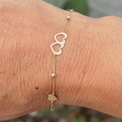 Adjustable Twin Heart Bracelet / 1.3 gr / 19 cm / 1 mm / 18K Italian Gold