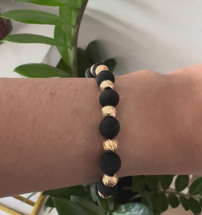 Black Macramé Bracelet with Diamond-Cut Gold Beads