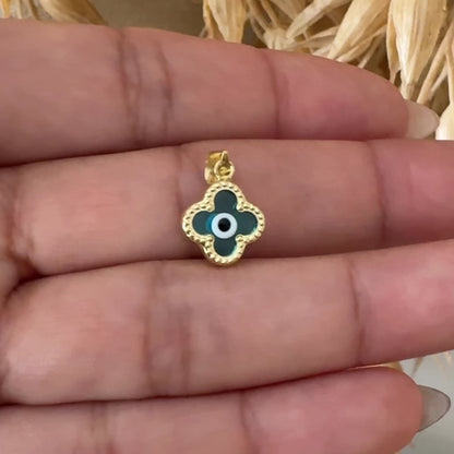 Blue Evil Eye Clover Pendant / 0.70 gr / 1.6 cm / 18K Italian Gold