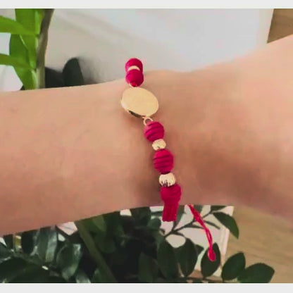 Red San Benito Macramé Bracelet / 4 Gold Beads / 4-5 mm / 18K Gold