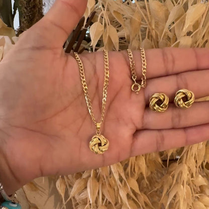 Gold Love Knot Necklace and Earrings Set / Chain 2.30 gr / 50 cm / Pendant 0.99gr / Earrings 2.30 gr / 18K Italian Gold