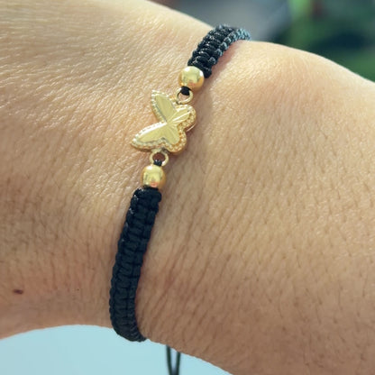 Macrame Bracelet with Gold Beads and Butterfly Charm