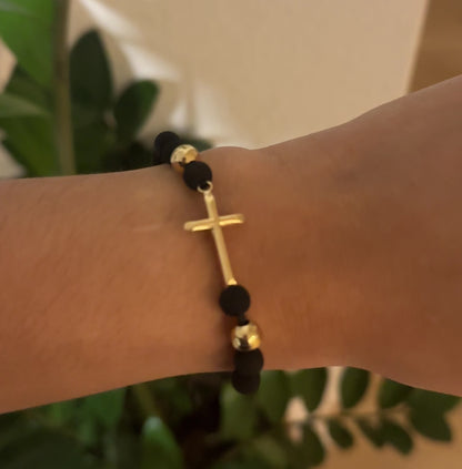 Black Macramé Cross Bracelet with Matte Gold Beads