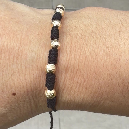 Black 5mm Bracelet With 6 Diamond-Cut Smooth Balls In 18K Yellow Gold