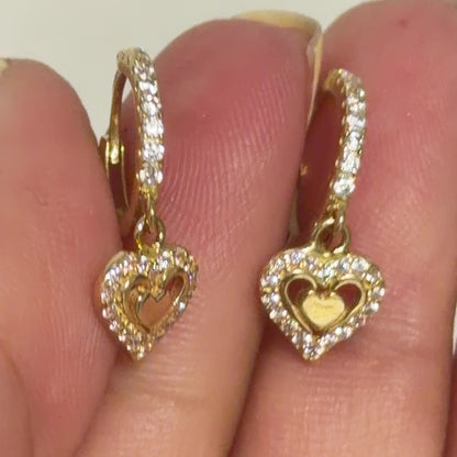 Hoop Earrings With Cubic Zirconia and Heart / 2 gr / 1.5 cm / 18k Italian Gold