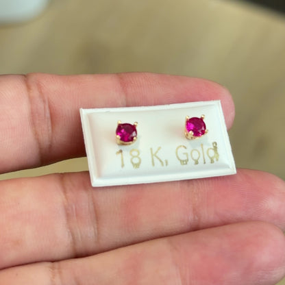 Round Earrings With Stone Red/ 0.85g/ 4mm/ Gold 18K