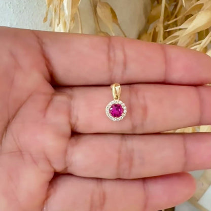 Ruby Pink Halo Pendant  / 0.63 gr / 1.2 cm / 18K Italian Gold