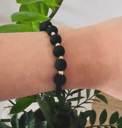 Black Macramé Bracelet with Matte Black and 18K Gold Beads